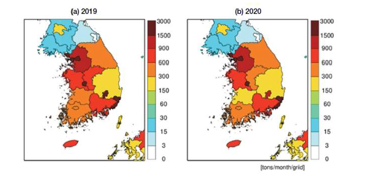 NO2의 2019년, 2020년 농도 비교