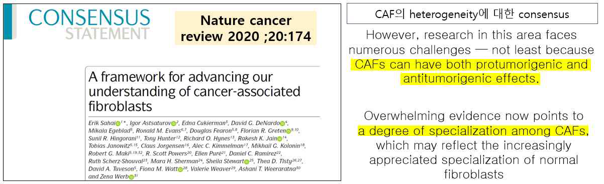 CAF연구에 관한 가장 최신 review에서 CAF subtype의 정확한 분류가 절실함을 지적하고 있음