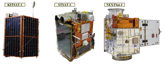 우리별1호(좌), 과학기술위성1호(중), 차소1호(우)