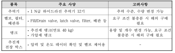 추진계 구성품 및 주요 사양