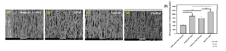 혈소판 부착 여부 확인 실험; 좌: SEM 이미지 우: 각 나노섬유의 부착량 비교