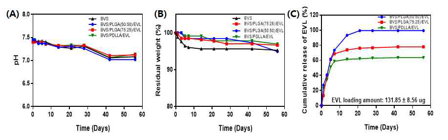 코팅고분자 종류에 따른 (A) pH 변화, (B) 무게 변화 및 (C) 약물방출 거동