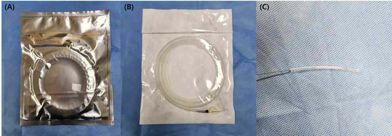 심혈관 중재용 융해성 고분자 지지체 시작품 제작. (A) 시작품 제작 완성품, (B) 포장 멸균 제품 및 (C) 심혈관 중재용 풍선 카테터에 심혈관 중재용 융해성 고분자 지지체 clamping 및 보관 상태