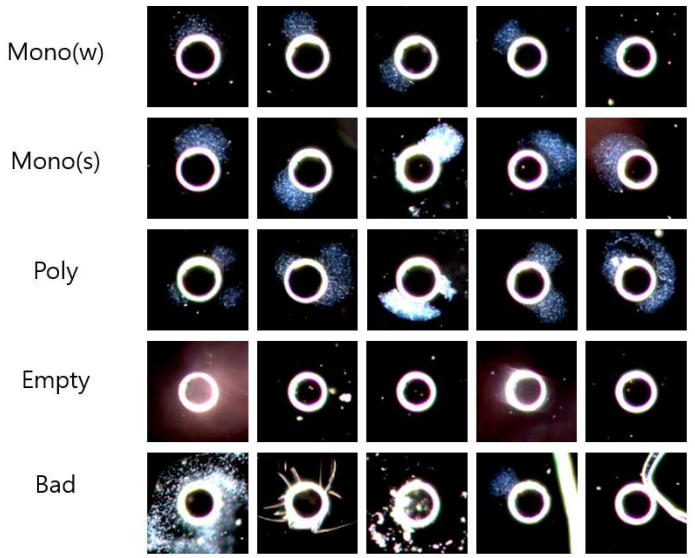 지도학습에 사용된 mono, poly, empty, bad 이미지의 예시. w는 mono중 콜로니가 작은 것, s는 mono중 콜로니 사이즈가 큰 것을 의미함. Mono인 사례들만을 분리해야 두 개 이상의 프로브가 동시에 하나의 반응 용기에서 배양되고 차후 사용되는 것을 방지할 수 있기에 면밀한 이미지 판독이 요구됨