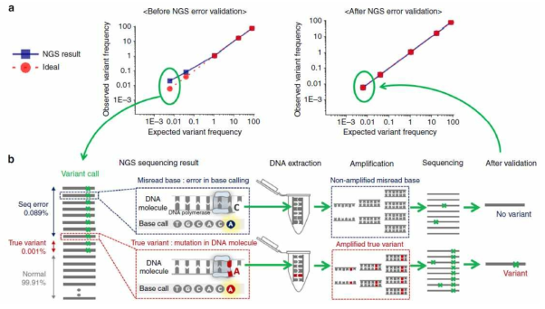 0.1% 이하의 합성 오류를 NGS 오류와 구별할 수 있는 기술의 개념도