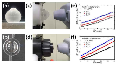 Photographs of fully continuous eye phantom (a) and fixed-cornea eye phantom (b). (c) and (d) show the setup for NCT measurement of the two different phantoms. The NCT readings as a function of IOP for the two phantoms are shown in (e) and (f), respectively