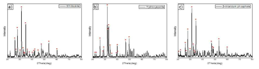 골이식재 시작품의 XRD 분석 a. HA b. β-TCP c. 휘트로카이트