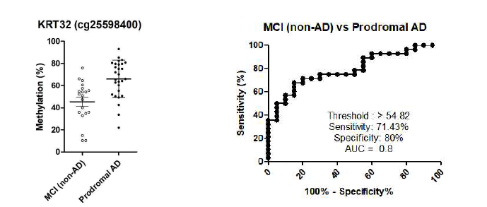 20명의 아밀로이드 병리소견이 없는 경도인지장애 환자군, 28명의 알츠하이머병 경도인지장 애 환자군으로 구성된 validation set에서 후성유전체 AD 예측 진단마커 KRT32 (cg25598400) 메틸 화 정도 및 ROC curve