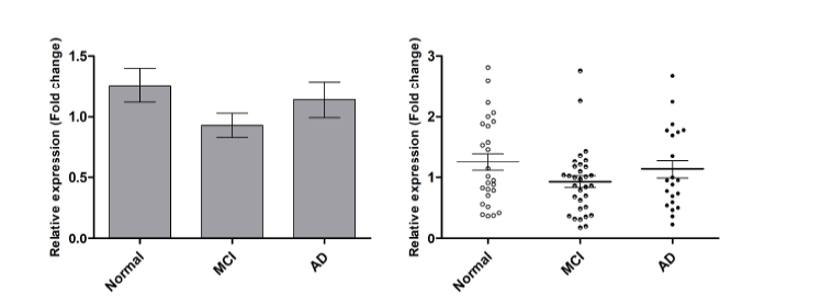 정상인(n=26), 알츠하이머병 경도인지장애 환자군(n=32), 알츠하이머병 치매 환자군(n=21)의 피부섬유아세포에서 GFRA1의 유전자 발현