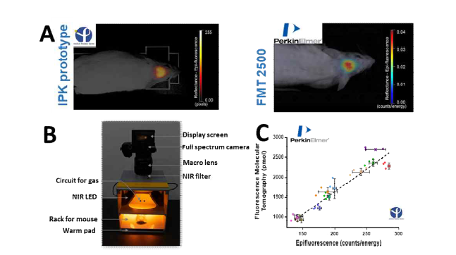 생체 내 이미징 기기. A. 참조 장비와 프로토타입의 비교 이미지. B. 프로토타입의 전체적인 디자인. C. FMT2500을 사용한 프로토타입의 형광 정량 분석.