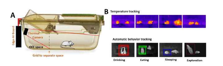 동물 시설 내에서 설치류를 모니터링 하기위한 AI 열화상 장치. A. 장치 디자인. B. 온도 및 행동 추적 기능.