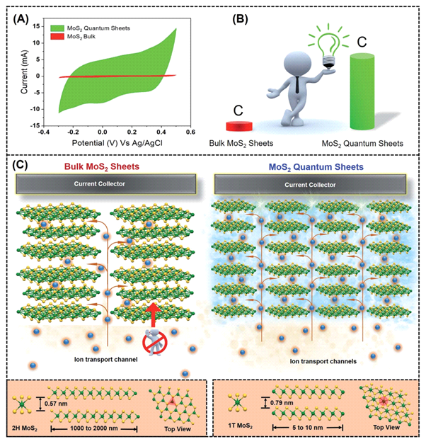 (A) Comparative cyclic voltametric profile of bulk MoS2 and MoS2 QSs measured at a scan rate of 100 mV s-1. (B) Comparative specific capacitance of the bulk MoS2 and MoS2 QSs. (C) Schematic illustration of the charge storage mechanism in bulk MoS2 and MoS2 QSs.