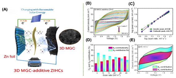 조립된 3D MGC-additive ZIHC 전지의 개략도. (B) 0~2.0V의 최적화된 전압 창 내에서 다양한 스캔속도에서 3D MGC-additive ZIHC 셀의 CV 곡선. 3D MGC-additive ZIHC의 동역학 분석, (C) 로그 피크전류 대 스캔속도 플롯 b-value, (D) 다양한 스캔속도에서 용량성 및 확산 제어 기여도 및 (E) 40mV/s의 스캔 속도에서 CV 응답 결과. 파란색 CV는 용량 기여도를 나타냄