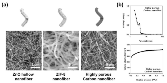 단일원소(N)가 도핑된 다공성 카본 나노섬유의 담지 전 SEM 이미지 및 BET 데이터