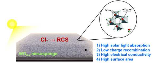 태양광 기반의 광전기화학 조건에서 염소 활성종 생성을 위한 WO3-x mesosponge 전극 소재 모식도