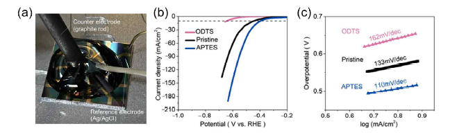 (a) 3전극 시스템을 통한 전이금속 황화물 소재의 전기화학 분석 시스템 셋업. (b) Linear Sweep Voltammetry(LSV) (b) Tafel plot을 통한 도핑 방식에 따른 촉매 성능평가.