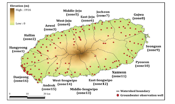 연구 대상 지역의 유역 구분 및 지하수 관측정 위치도
