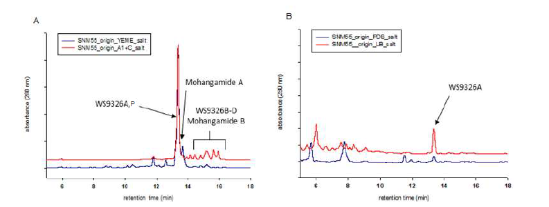 WS9326P의 생산성 향상을 위한 Streptomyces sp. SNM55균주의 media study