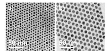 콜로이드 합성을 통해 준비된 2k polystyrene 이 코팅 된 Au 나노입자. a) 5.5 nm core 사이즈 의 Au 나노입자. b) 11nm core 사이즈의 Au 나노입자.