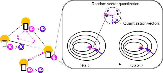 양자화 확률 경사 하강법(QSGD) 기반 완전 탈중앙 연합 학습 개념도