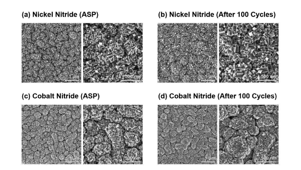 전기화학 측정 전후에 찍은 니켈 질화물과 코발트 질화물 전극의 전자현미경 사진.
