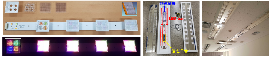 일주기 밝기 tunable LED 램프에 포함된 각종 모듈과 실제 램프가 설치된 모습