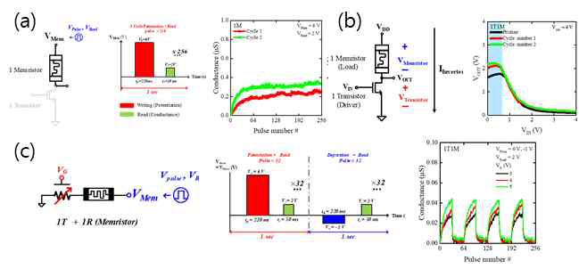 (a) 단일 memristor의 potentiation으로 인한 conductance 변화 결과 (b) 1T1M의 memristor conductance에 따른 1T1M inverter 특성 변화 (c) TFT의 gate voltage에 따른 memristor potentiation 특성 결과