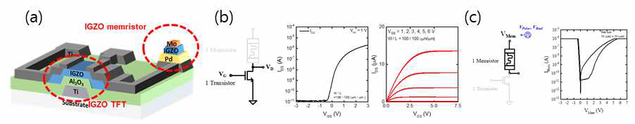 (a) IGZO 기반 1T1M integration block 모식도 (b) 단일 트랜지스터 I-V 특성 측정 결과 (c) 단일 memristor I-V 특성 측정 결과