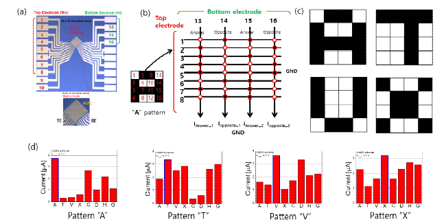 (a) 공정 완료한 Mo-IGZO-Pd 10x10 array memristor의 실제 사진 (b) “A pattern”을 10x10 array memristor의 programming (c) 문자 A,V,T,X의 pattern 그림 (d) 문자 A,V,T,Xd에 대한 4x4 pattern classification 결과