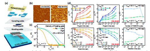 (a) 제작된 CNT floating gate memory (b) 증착된 low density 및 high density CNT FG의 AFM 이미지 (c) CNT FG density에 따른 전달 특성 그래프 (d) 다양한 VPGM 및 VERS 에서의 메모리 소자 임계 전압 특성 그래프