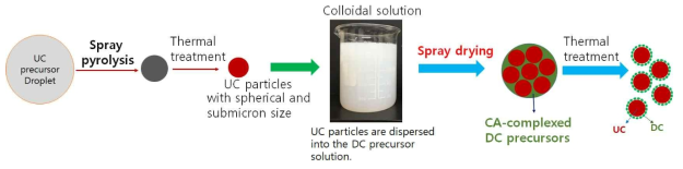 Preparation procedure of UC particles attached by DC nanoparticles using spray pyrolysis and spray drying processes