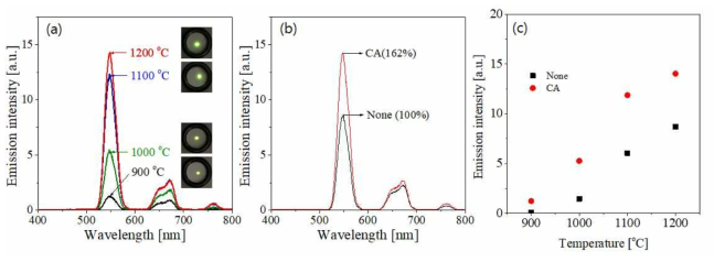 (a) UC emission spectra of (Zr,Y)O2:Ho/Yb UC particles prepared using citric acid (CA) and calcined at different temperature. (b) comparison in UC emission for the UC particles prepared with and without CA addition. (c) green UC emission intensity as a function of calcination temperature for the samples prepared with and without CA