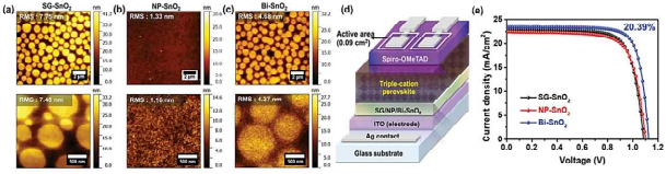 topographic profile of (a) SG-SnO2, (b) NP-SnO2 and (c) Bi-SnO2 ETLs. (d) Schematic device architecture and (e) J-V characteristic curves of PSCs based on the different SnO2 ETLs