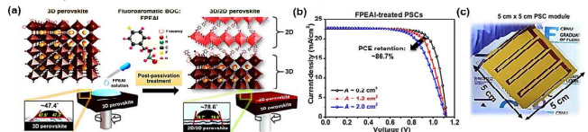 (a) Schematic illustration on the dimensionality and surface wettability changes of perovskite film before and after FPEAI treatment. (b) J-V curves of the best PSCs at different active areas. (c) 11.2 cm2 PSC module