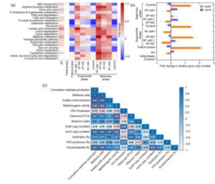 (a) Relative abundance of metabolic genes related to methanogenesis identified in the microbial communities of acclimatized anaerobic consortium (AC) and different digesters during the initial, failure, and recovery (exponential and stationary) phases with AC addition and/or reactor pH adjustment. The heat map indicates the relative number of sequence reads associated with the relevant anaerobic digestion metabolism KEGG module (on the left) identified in each sample (at the bottom). (b) Changes in the relative copy number of hydA and mcrA genes in AC and different digesters during failure and recovery (exponential and stationary) phases with respect to those in the initial phase. (c) Pearson correlation analysis between bioaugmentation performance in the recovery phase and corresponding microbiota indices. The red boxes indicate correlation coefficient with p < 0.05