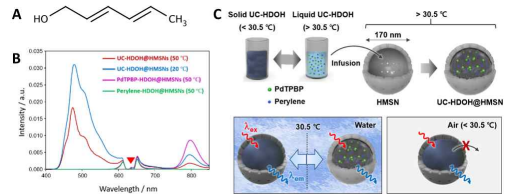 A) HDOH의 분자 구조. B) 발색단의 종류 및 온도에 따른 photoluminescence 세기 비교. C) UC-HDOH를 실리카 내부에 담지하는 것을 나타낸 모식도