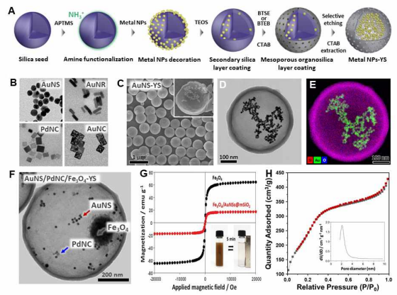 A) 노른자-껍질형 나노복합체의 합성 과정을 나타낸 모식도. B) 캡슐화할 나노입자 후보군. C) 금 나노구체가 담지된 나노복합체의 SEM, D) TEM 및 E) EDS 이미지. F) 여러 종류의 금속 나노입자가 동시에 담지된 나노복합체의 TEM 이미지. G) 나노복합체에 담지된 철 입자의 자성을 측정한 그래프. H) 합성된 나노복합체의 표면적을 측정하기 위한 BET 그래프