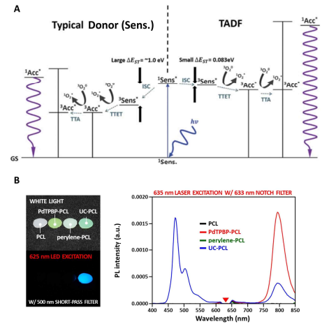 A) 기존 전자 전달체 및 TADF 물질에서의 Jablonski diagram. B) PCL, PdTPBP-PCL, perylene-PCL, UC-PCL 필름 및 이의 발광 스펙트럼 (광원: 635 nm laser)