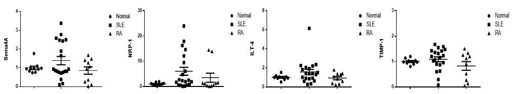 정상대조군, 루푸스환자, 류마티스 관절염 환자에서의 CD4+ T cell에서의 SEMA4A 및 Receptor의 발현 정도 비교