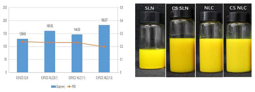 왼쪽: MCT oil과 Palm oil 함량에 따른 0.5%CS-SLN, 0.5%CS-NLC 나노 입자 크기와 PDI. 오른쪽: SLN, CS-SLN, NLC, CS-NLC 샘플 사진