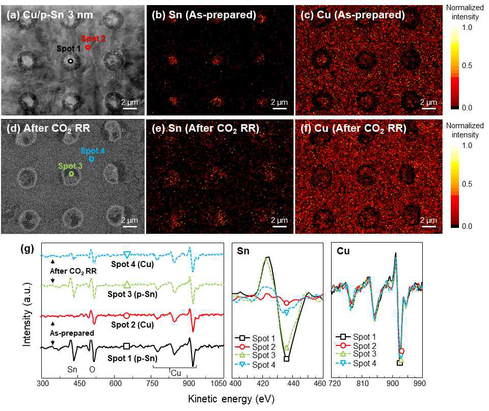 Cu-Sn 촉매의 CO2 환원 반응 전/후의 Auger 원소 분포 결과; (a,d) SEM 사진, (b,d) Sn 원소, (c,f) Cu 원소. (g) 각 포인트에서 측정된 Auger 스펙트럼