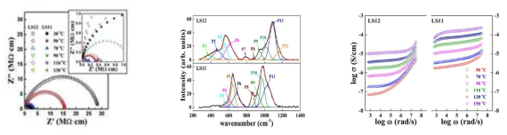 xLSO (x=0.33(LS12), x=0.5(LS11)) 비정질의 (a) 전기복소임피던스, (b) 라만스펙트럼, (c) 주파수/온도 의존 이온전도도. 상이한 실험방법 및 분석 모델을 적용하여 물성을 확보할 수 있는 학문적 접근법의 전형적인 예임