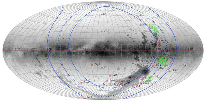 은하좌표계의 Aitoff projection. 파란 점선은 Disk of Satellites 의 자취이고, 붉은 사각형은 본 연구의 선행연구인 KMTNet 1단계 관측기간(2015. 10.1.~ 2020.9.30.)에 시계열 관측된 왜소은하가 속한 실제 관측영역을 나타낸다. 녹색으로 표시된 부분이 본 과제에서 지난 1년 3개월간 시계열 탐사관측한 영역이다