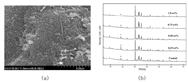 (a) SEM-EDX image of CSH on the fractured surface of Pitch-based CF mortar composite, (b) XRD test results