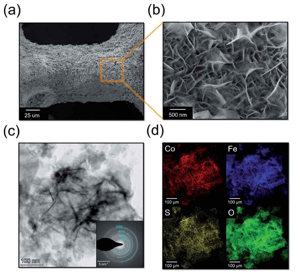 (a) Low- and (b) high-magnification scanning electron microscopy (SEM)images obtained for S-(Co,Fe)OOH. (c) High-resolution transmission electron microscopy (HR-TEM) image of S-(Co,Fe)OOH with its corre�sponding SAED ring patterns. (d) TEM-EDS mapping images of S-(Co,Fe)OOH