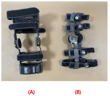 기존의 알루미늄 지지대 무릎보조기(A) 개발된 카본 경첩형 지지대 일반형 무릎보조기(B)