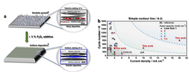 (a) P2O5의 첨가 여부에 따른 Li dendrite 층의 억제 효과 도식화와 (b) 기존에 알려진 전해질에 따른 Li || Li 셀의 효과와 본 연구의 결과 비교 데이터