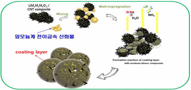 리튬 과량계 양극 소재를 대체할 전극소재 개발 및 전기화학적 성능 최대화를 위한 표면 개질방법 모식도