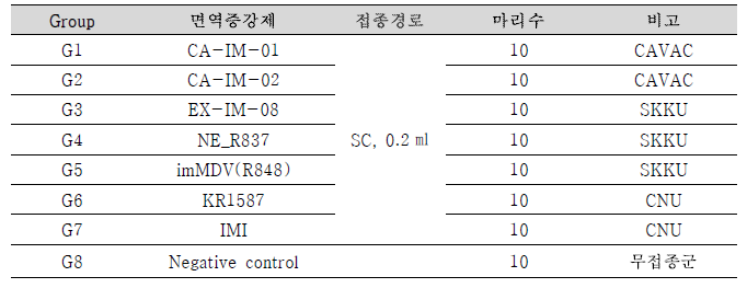 면역증강제 스크리닝 1차 시험그룹