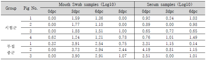 FMDV A type 바이러스 배출량 및 Viremia 확인 결과
